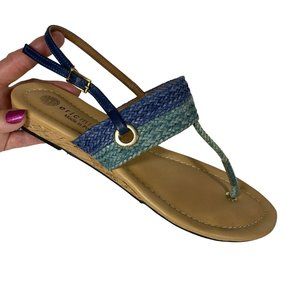 Eric Michael leather T strap thong wedge sandal blue teal heel strap Sz 40 / 9